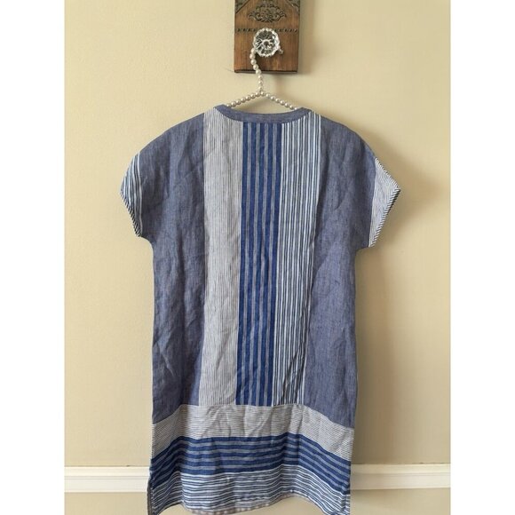Vineyard Vines Womens Size 00 Blue Stripe Linen Shift Dress Short Sleeve Tassels - Picture 5 of 7